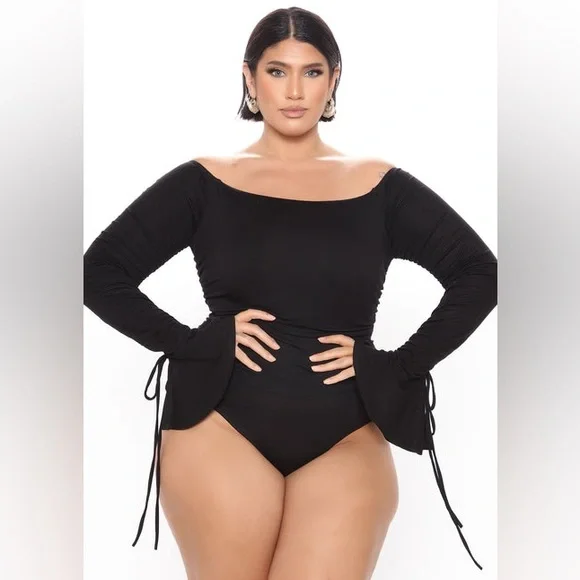 BLACK Off Shoulder Bodysuit 2XL PIT TO PIT 22” STRETCHY NWOT - Picture 6 of 8